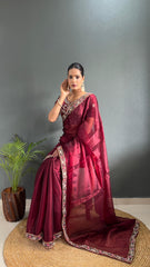 Adorable Burberry Silk Handwork Border Red Color Saree