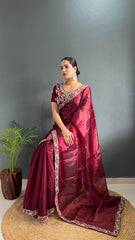 Adorable Burberry Silk Handwork Border Red Color Saree