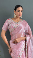 Adorable Burberry Silk Handwork Border Baby Pink Color Saree