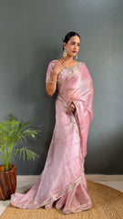 Adorable Burberry Silk Handwork Border Baby Pink Color Saree