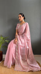 Adorable Burberry Silk Handwork Border Baby Pink Color Saree