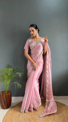 Adorable Burberry Silk Handwork Border Baby Pink Color Saree