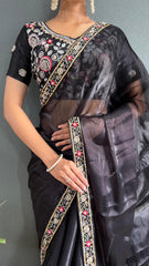 Adorable Burberry Silk Handwork Border Black Color Saree