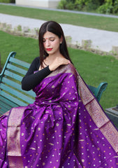 Function Wear Golden Zari Weaving Silk Purple Color Saree