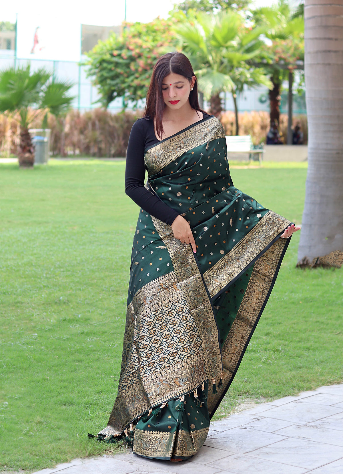 Function Wear Golden Zari Weaving Silk Green Color Saree