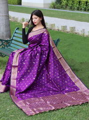 Function Wear Golden Zari Weaving Silk Purple Color Saree