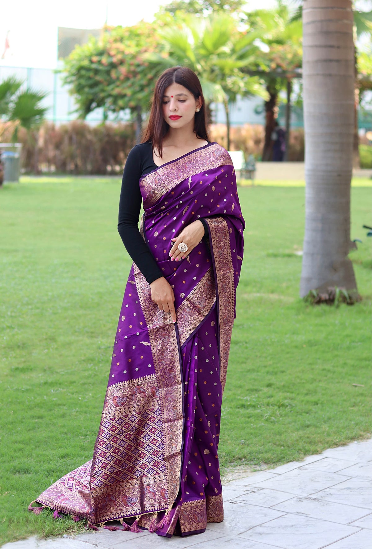 Function Wear Golden Zari Weaving Silk Purple Color Saree