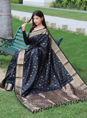 Function Wear Golden Zari Weaving Silk Black Color Saree