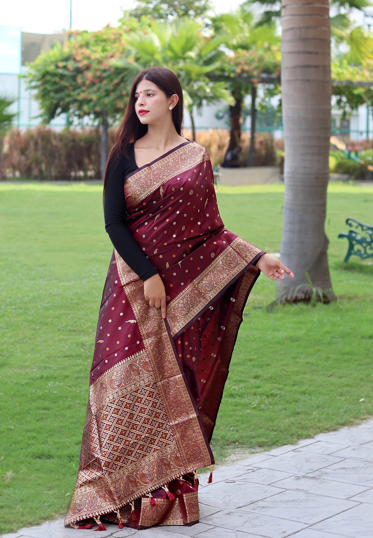 Function Wear Golden Zari Weaving Silk Maroon Color Saree