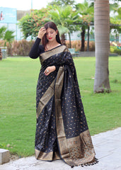 Function Wear Golden Zari Weaving Silk Black Color Saree