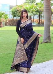 Function Wear Golden Zari Weaving Silk Navy Blue Color Saree