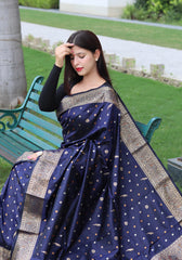 Function Wear Golden Zari Weaving Silk Navy Blue Color Saree