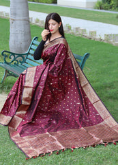 Function Wear Golden Zari Weaving Silk Maroon Color Saree