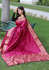 Function Wear Golden Zari Weaving Silk Pink Color Saree