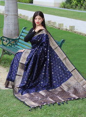 Function Wear Golden Zari Weaving Silk Navy Blue Color Saree