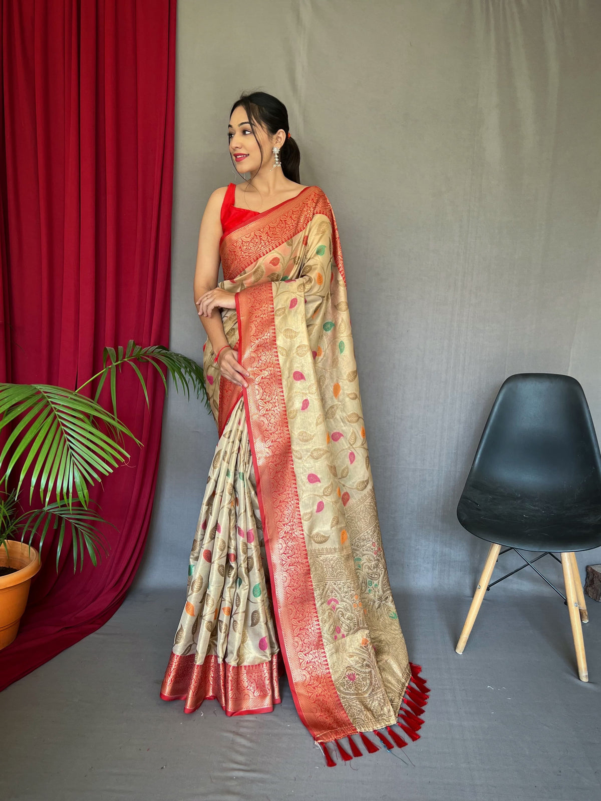 Wonderful Tissue Silk Beige Color Zari Weaving Saree