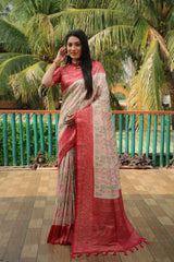 Fantastic Kanjivaram Silk Cream Color With Pink Border Saree