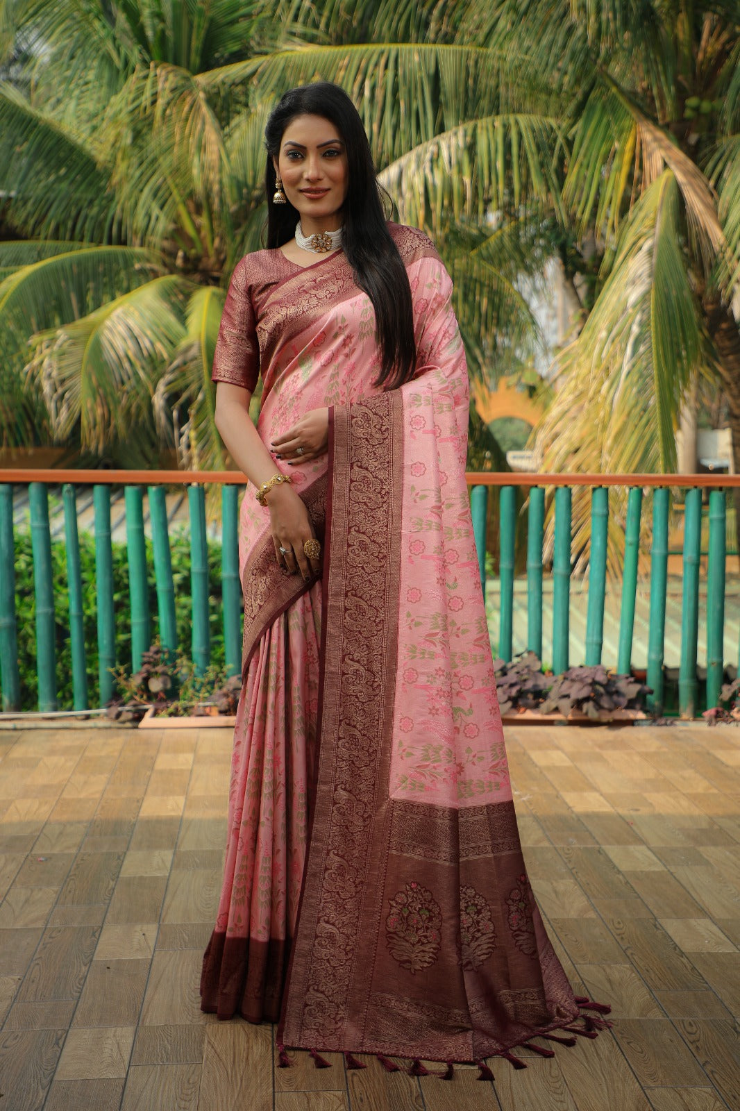 Fantastic Kanjivaram Silk Pink Color With Maroon Border Saree