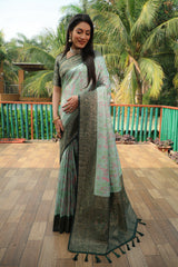 Fantastic Kanjivaram Silk Pista Color With Green Border Saree