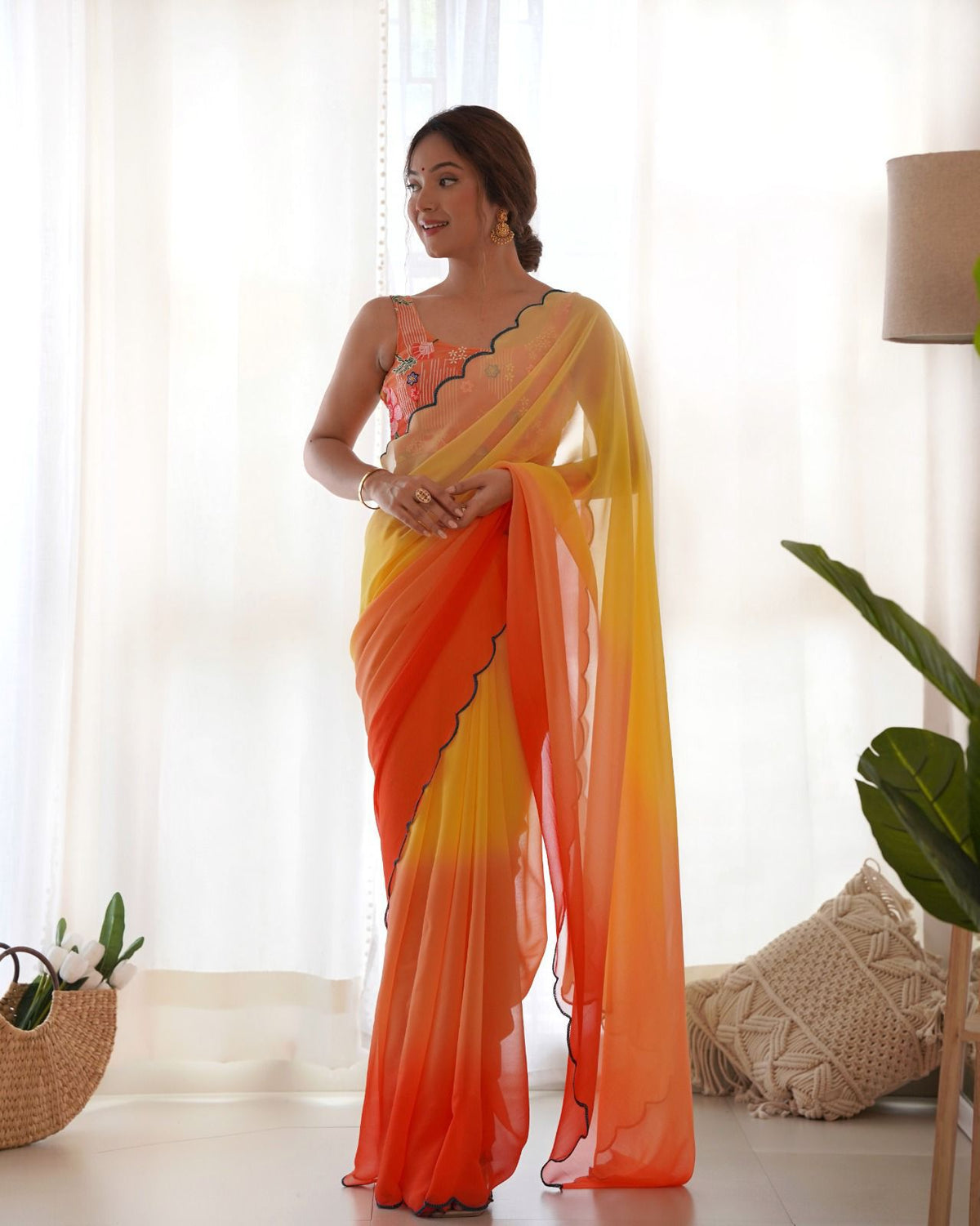 Opulent Georgette Soft Silk Orange With Yellow Color Saree