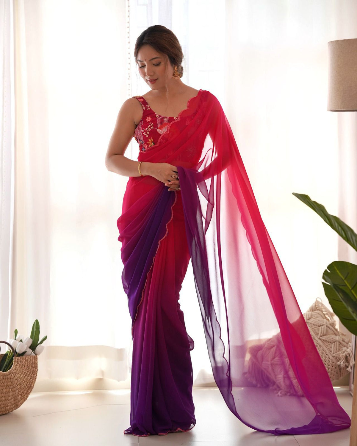 Opulent Georgette Soft Silk Red With Purple Color Saree