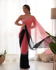 Opulent Georgette Soft Silk Pink & Black Color Saree