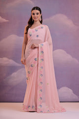 Eyes Catching Georgette Embroidery Work Peach Color Saree