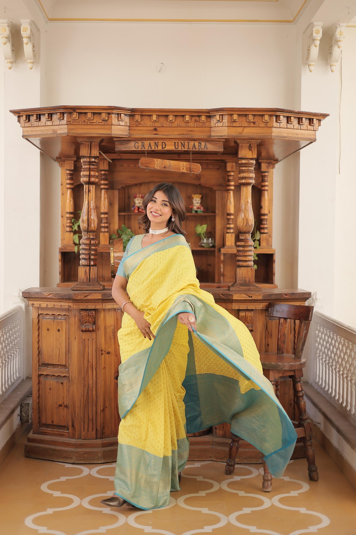 Wonderful Kanjivaram Yellow With Sky Blue Border Silk Saree