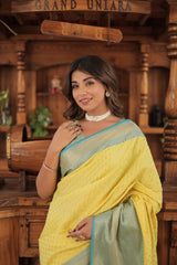 Wonderful Kanjivaram Yellow With Sky Blue Border Silk Saree