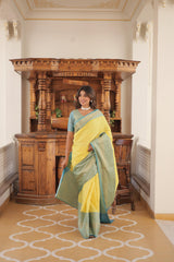 Wonderful Kanjivaram Yellow With Sky Blue Border Silk Saree