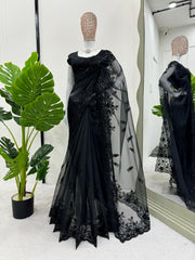 Party Wear Organza Silk Sequence Work Black Color Saree