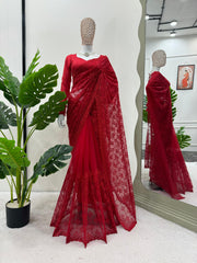 Party Wear Sequence Work Red Color Soft Net Saree