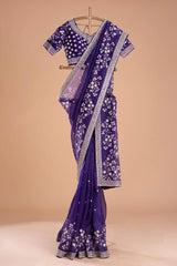 Beautiful Organza Silk Embroidery Work Blue Color Saree