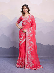 Beautiful Organza Silk Embroidery Work Red Color Saree