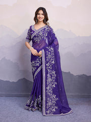 Beautiful Organza Silk Embroidery Work Blue Color Saree