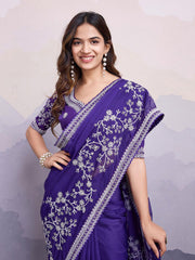 Beautiful Organza Silk Embroidery Work Blue Color Saree