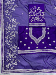 Beautiful Organza Silk Embroidery Work Blue Color Saree