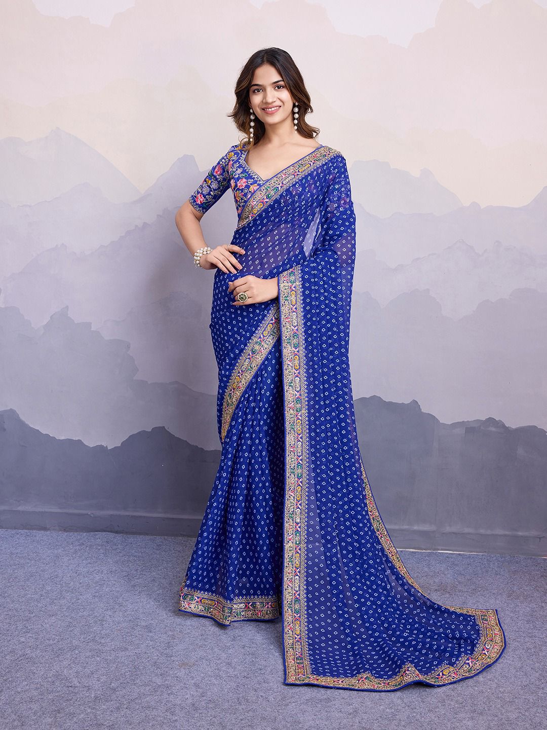 Awesome Georgette Digital Print Royal Blue Color Saree