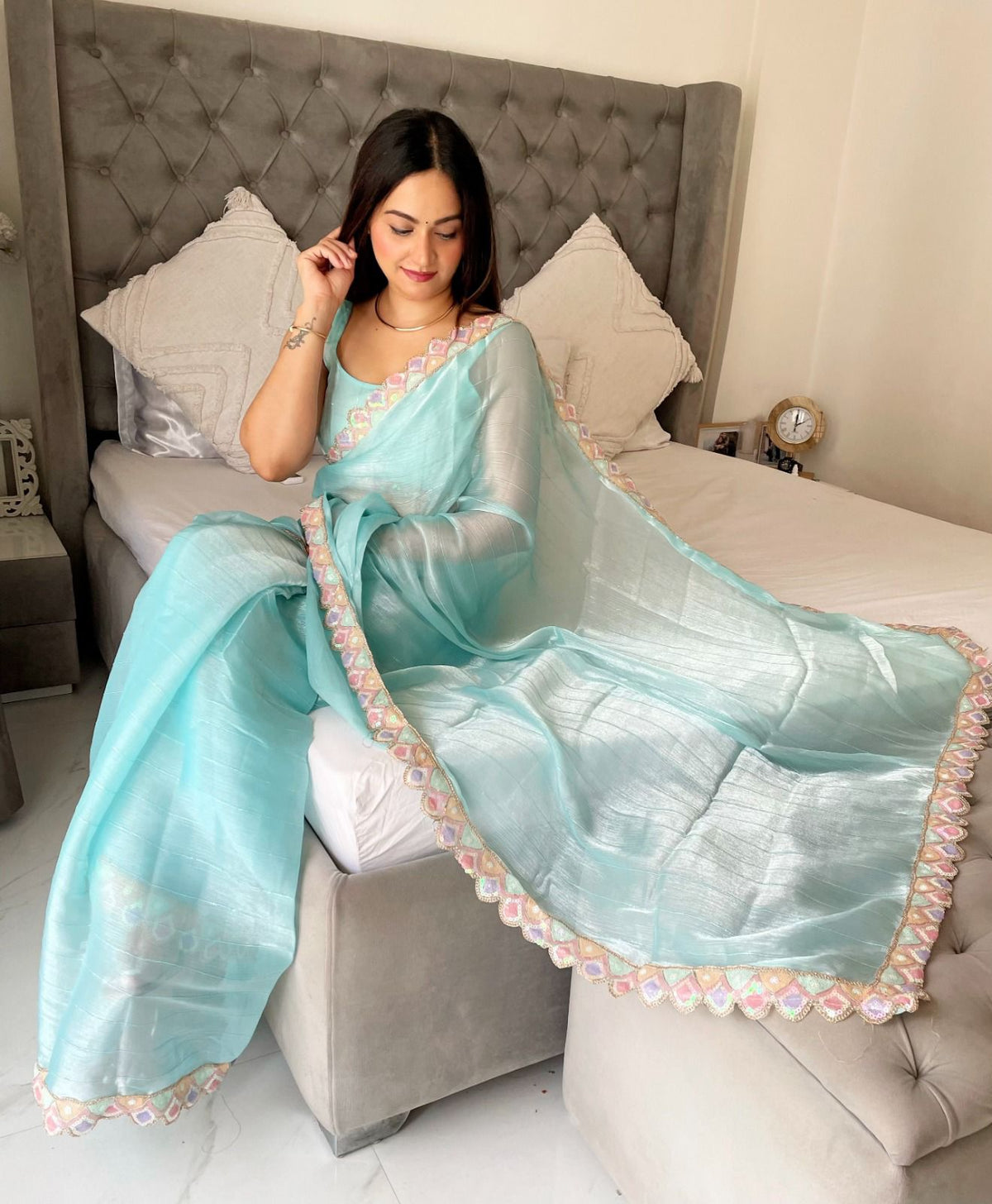 Gorgeous Jimmy Chu Embroidery Work Sky Blue Color Saree