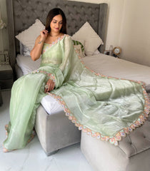 Gorgeous Jimmy Chu Embroidery Work Pista Color Saree