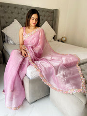 Gorgeous Jimmy Chu Embroidery Work Pink Color Saree