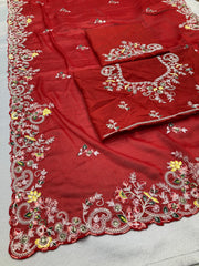 Precious Rangoli Silk Embroidery Work Red Color Saree