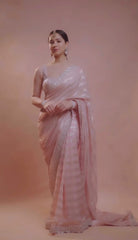 Demanding Chiffon Silk Embroidery Work Peach Color Saree