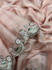 Demanding Chiffon Silk Embroidery Work Peach Color Saree