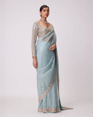 Marvelous Sky Color Georgette Original Mirror Saree