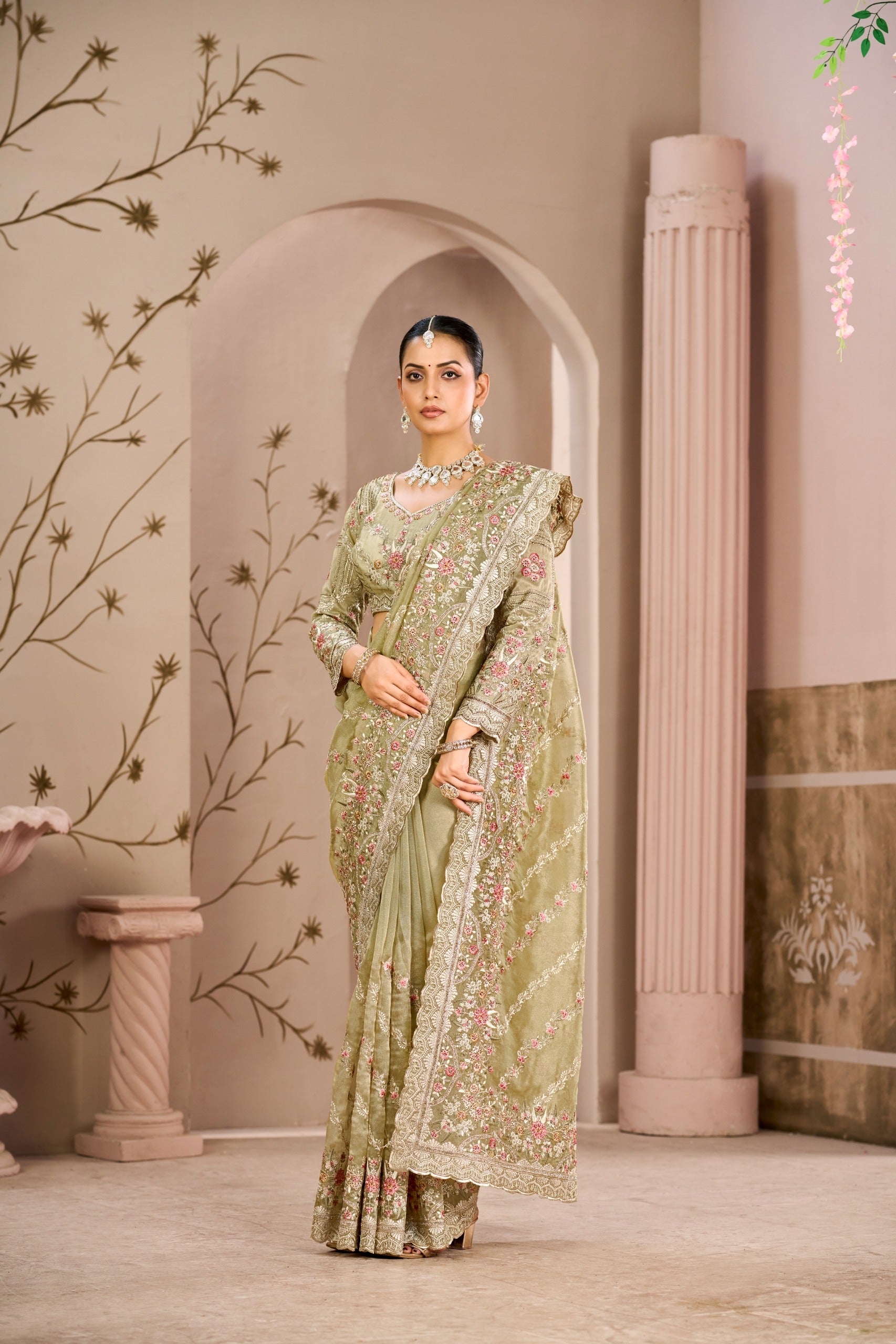 Royal Begum Tissue Silk Saree with Crystal & Multi-Thread Embroidery Main image