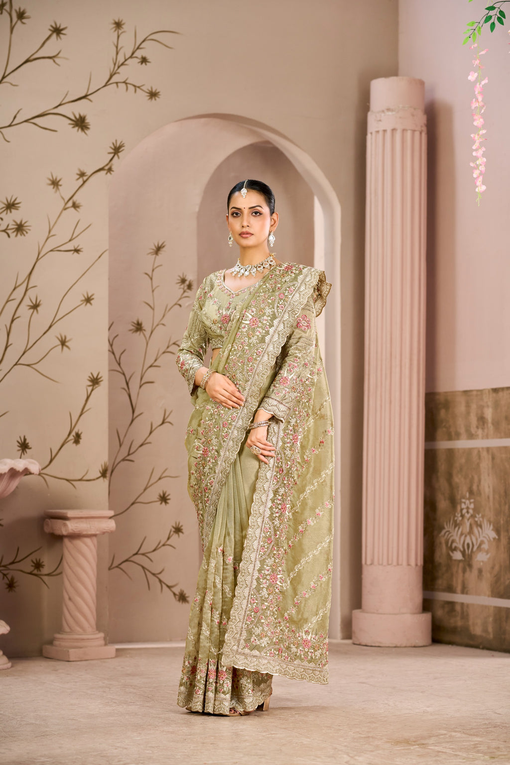 Royal Begum Tissue Silk Saree with Crystal & Multi-Thread Embroidery