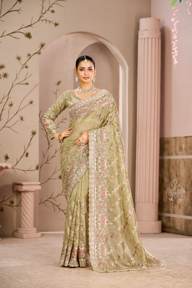 Royal Begum Tissue Silk Saree with Crystal & Multi-Thread Embroidery