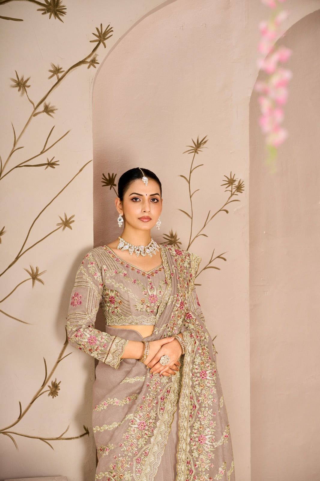 Royal Begum Tissue Silk Saree with Crystal & Multi-Thread Embroidery