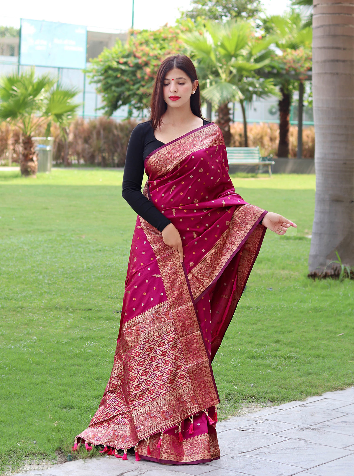 Function Wear Golden Zari Weaving Silk Pink Color Saree